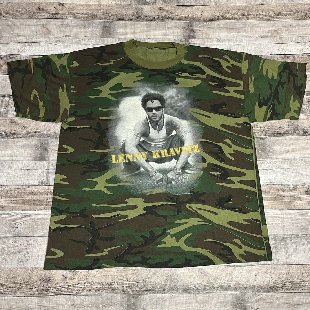 Lenny Kravitz Shirt Size XL Green Vintage 90s Camouflage Rock Band Tee